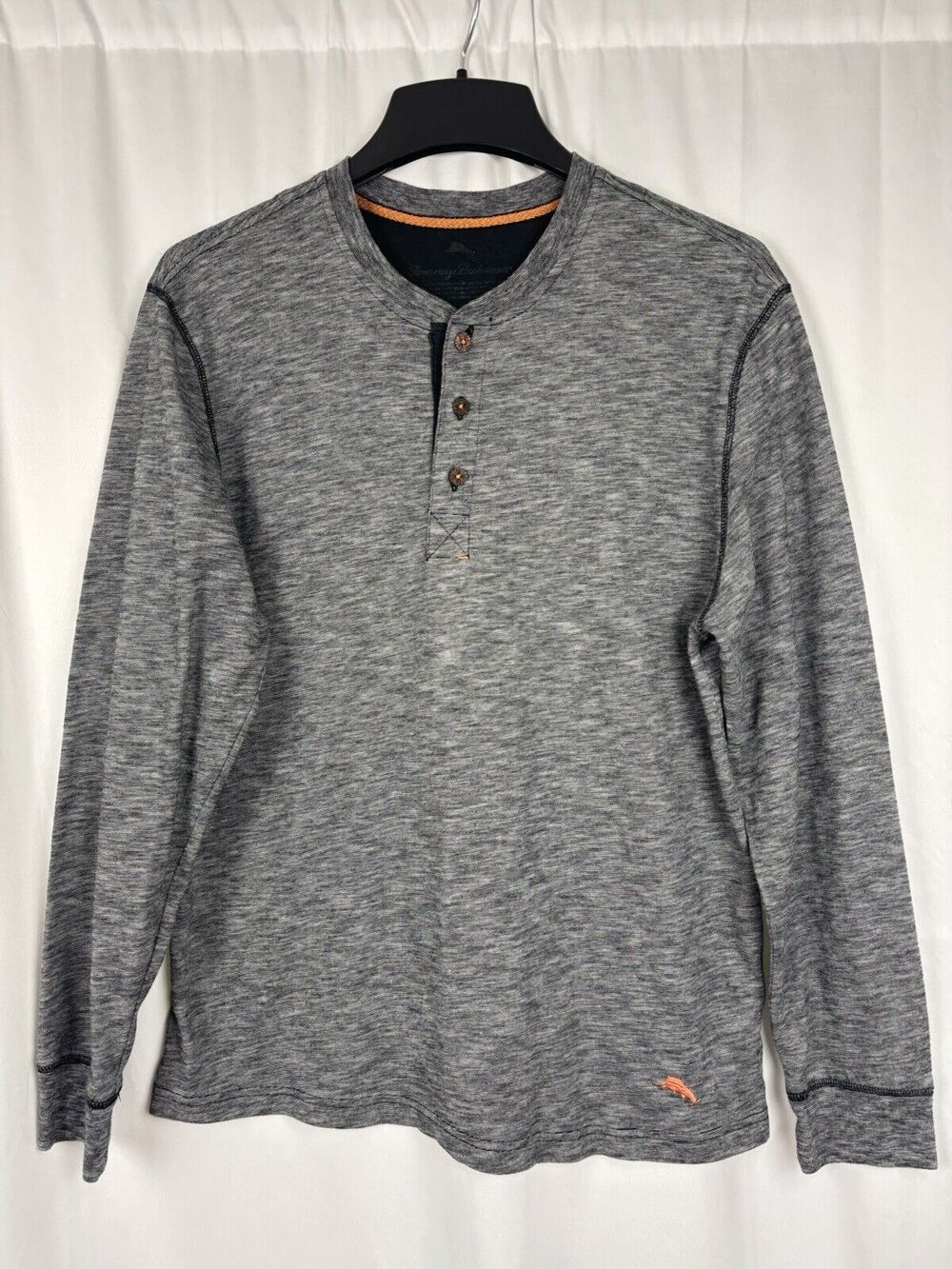 Tommy Bahama Shirt Men’s M Heather Gray Henley 3 Button Pullover Casual Logo